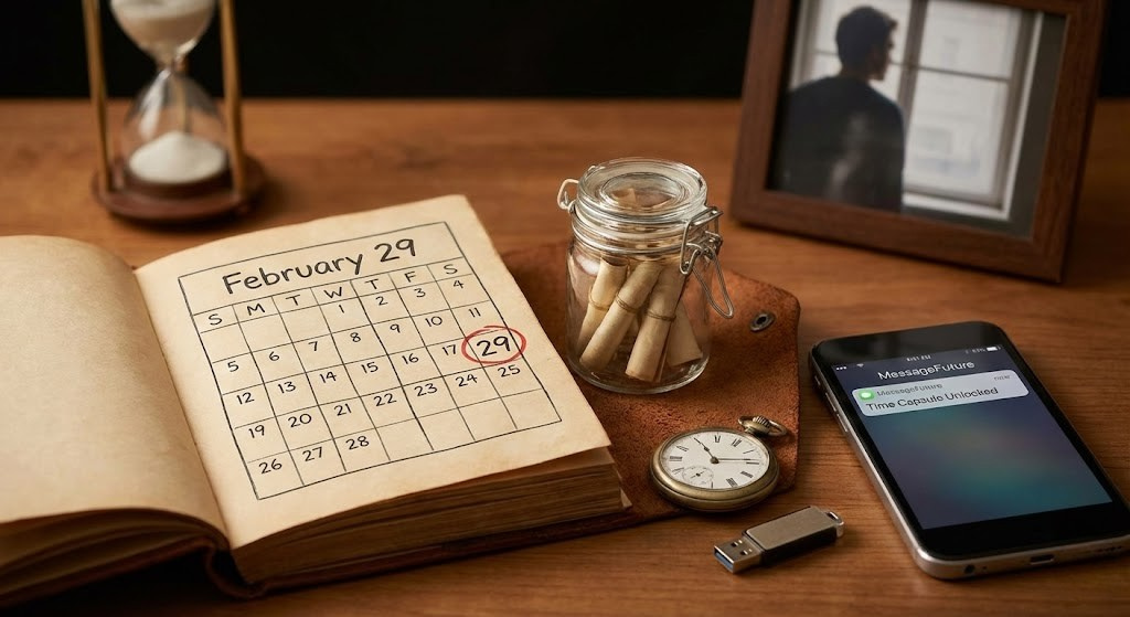 A calendar open to February 29 circled in red sitting on a wooden desk next to a smartphone displaying a MessageFuture time capsule notification and a glass jar filled with notes.