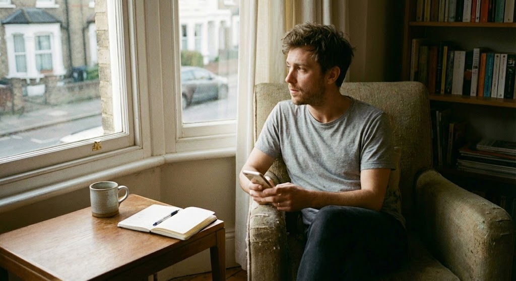 A person sitting by a window looking thoughtful, holding a smartphone to prepare a digital time capsule message.