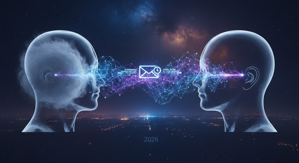 A digital neural bridge connecting two human profiles, representing the connection between the past and future self through MessageFuture.