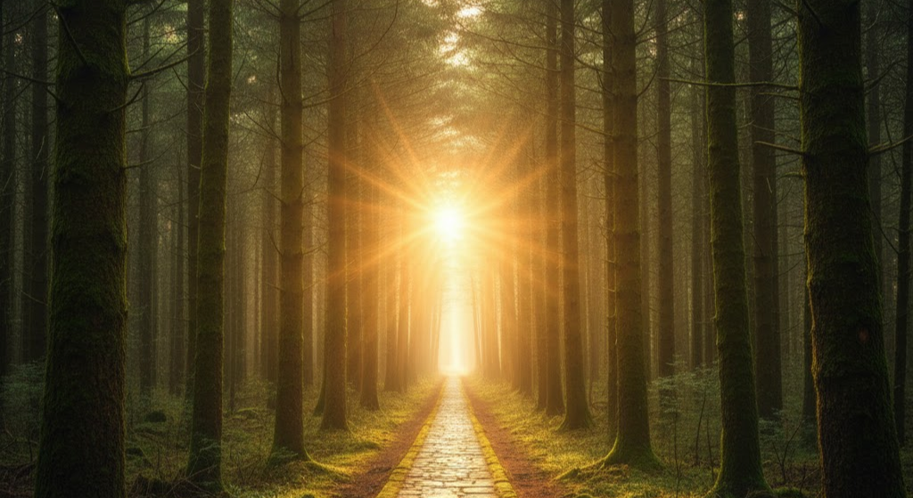 A sun-drenched stone path leading through a symmetrical evergreen forest toward a bright, glowing horizon, symbolizing a clear life direction and a 5-year journey from 2026 to 2031.