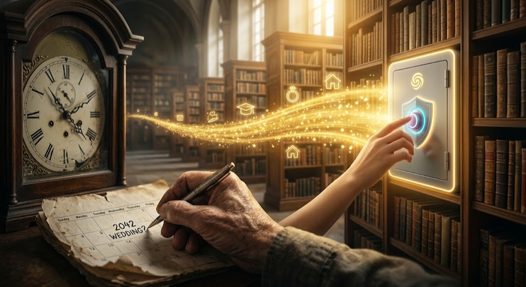 Set in a grand, ancient library, this atmospheric cinematic photograph is bathed in diffuse natural light that transitions from shadow to a warm golden glow. In the foreground, an aged, calloused hand holding a pen is helplessly attempting to write a specific date, '2042 WEDDING?', on a worn, tattered physical calendar page. Next to it, an antique grandfather clock with a broken, unmoving face (its hands twisted) is visible. In the background, where the light becomes golden and vibrant, a young, smooth hand is gently touching a sleek, glowing, modern digital vault box. The vault box, which has stylized elements of a protective shield and a pulsing light, is integrated into a section of memory-filled bookshelves. A powerful, flowing path of golden light, made of countless tiny stars and memories, emanates from the vault and extends into the distant library stacks, replacing a calendar-style timeline. This golden path features subtle, glowing icons representing milestone events (like a graduation gown, a stylized wedding ring, a first home) along its length, not specific dates.