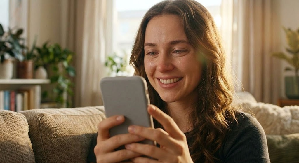 A close-up photograph of a young woman in her twenties, sitting on a couch in a sunlit apartment, smiling with tears in her eyes as she watches a video on her smartphone. This scene captures the emotional power and comfort of hearing a comforting voice from a dynamic digital proxy.