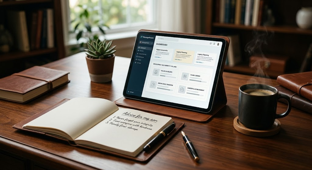 A beautifully organized desk with a cup of coffee, a glowing tablet displaying the MessageFuture dashboard, and a handwritten list of 'Advice for my son'. This intentional, curated process visualizes the development of the 8 Identity Pillars in building a personal legacy.