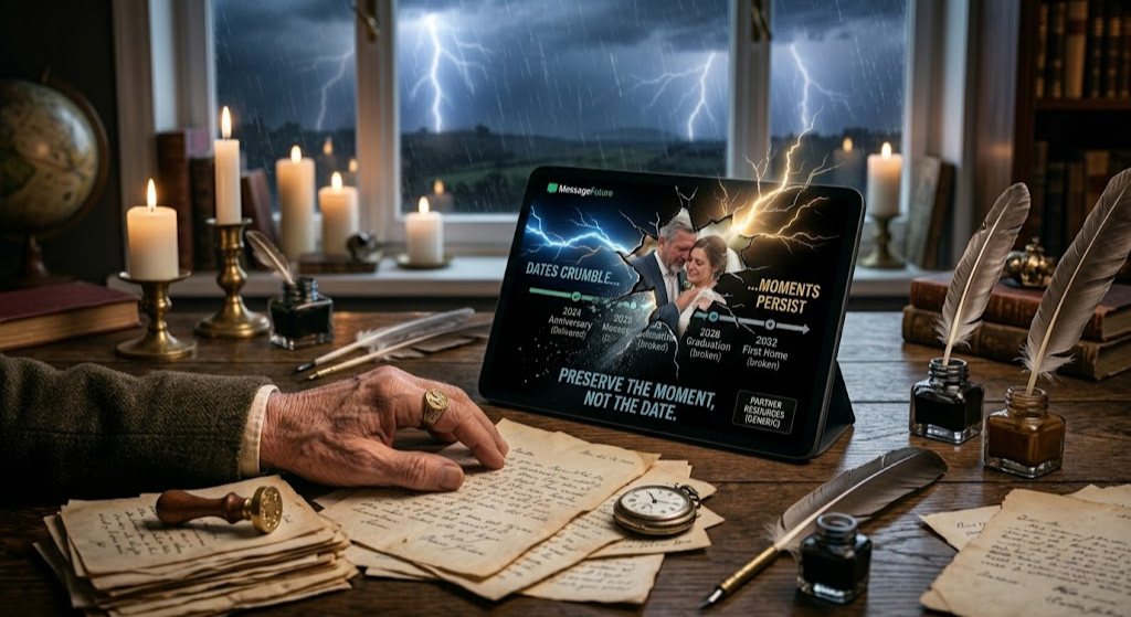 A split-screen graphic contrasting old and new legacy planning. The left side features a hand resting on old handwritten parchment with a wax seal and pocket watch. A lightning bolt divides the scene, revealing a modern tablet on the right. The tablet displays a MessageFuture screen with a wedding photo breaking through a timeline, accompanied by the text "Dates Crumble... Moments Persist" and "Preserve the moment, not the date."