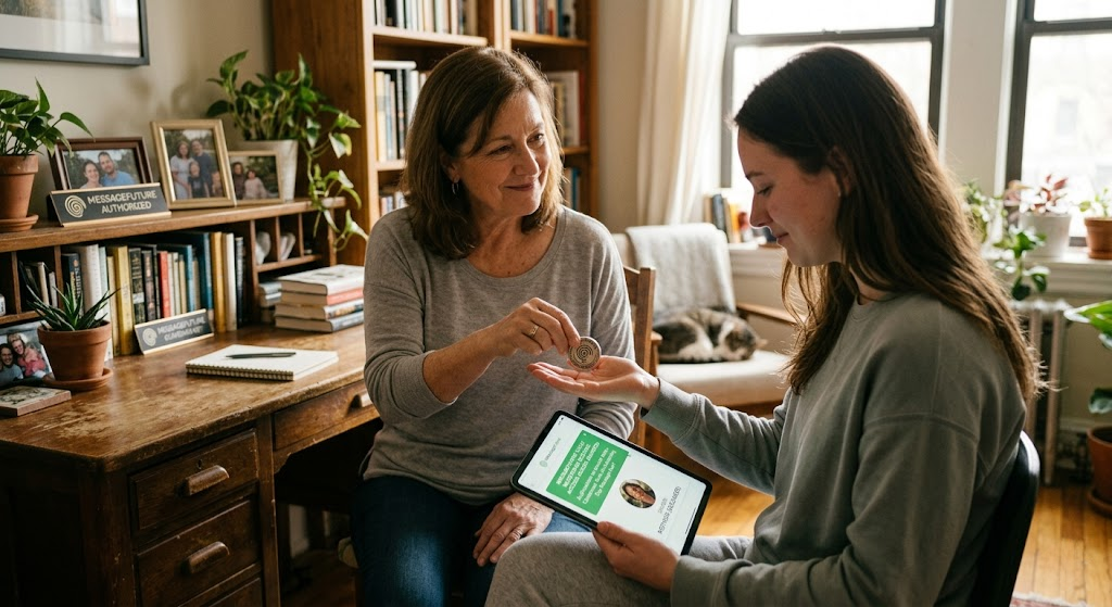 An older woman smiling as she hands a round, physical Guardian key token to a younger woman in a cozy, book-filled living room. The younger woman is holding a tablet that displays a green MessageFuture confirmation screen, indicating that access to a milestone message has been securely granted.