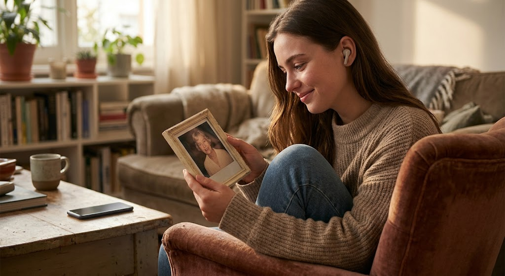 A young woman sitting comfortably in a plush armchair in a sunlit living room. She is wearing a wireless earbud and smiling affectionately as she looks at a framed photograph of an older woman. Her smartphone is resting on a rustic wooden coffee table nearby.
