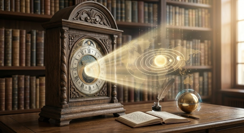 A close-up photograph of an antique clock with complex symbols projecting a shimmering, futuristic digital data map of a stylized solar system.