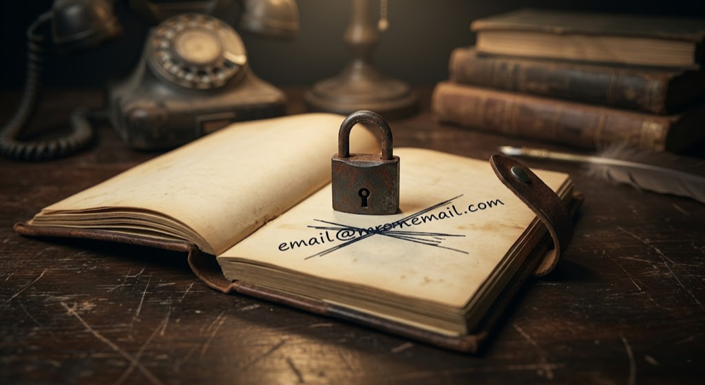 A moody photograph of a crossed-out email address in a vintage leather-bound notebook with a small, oxidized padlock locked directly over the text.