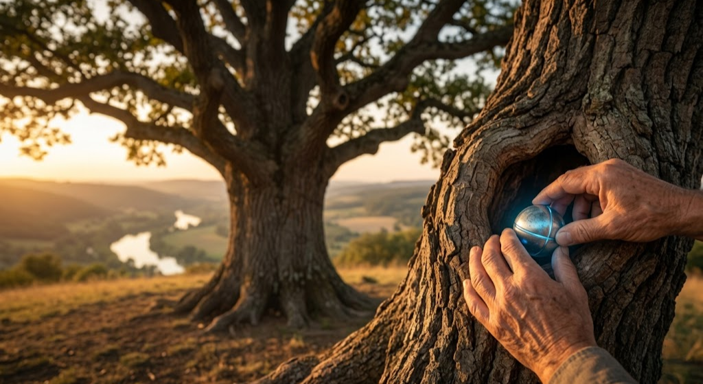 A close-up landscape photograph of a pair of weathered, ancient-looking hands placing a small, internally glowing capsule into a natural, secure hollow of an ancient oak tree.