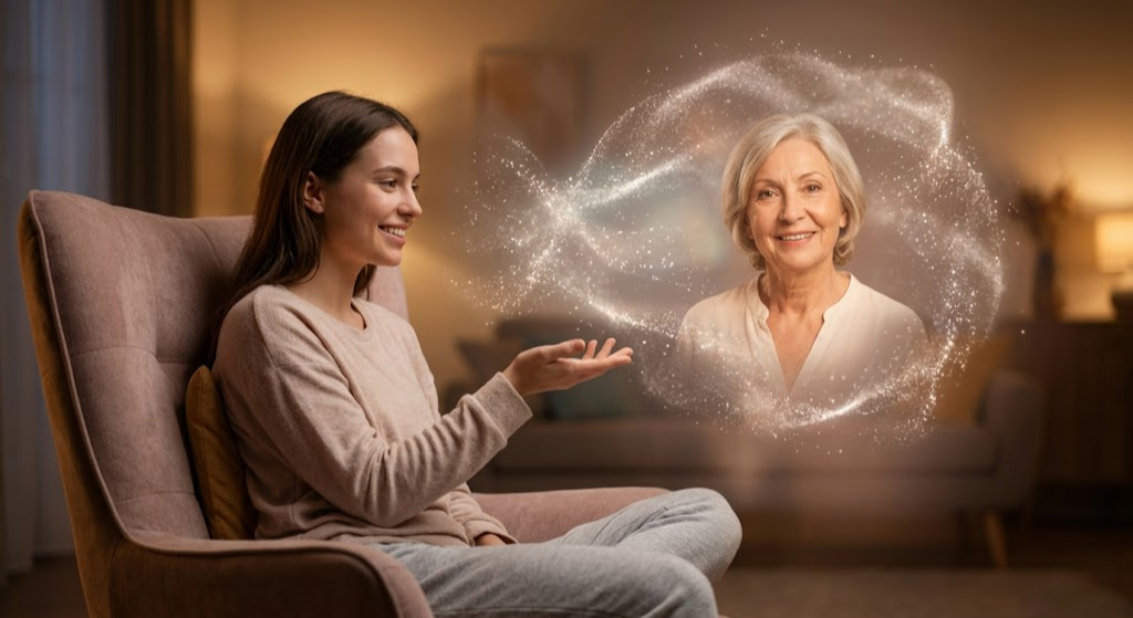 A surreal landscape photograph in a modern living room at dusk, focusing on a young woman interacting with a shimmering, translucent holographic projection of an older, smiling woman (an AI Twin).