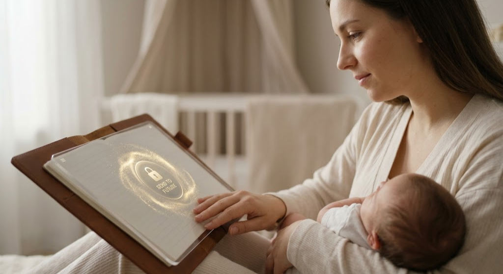 A cinematic photograph of a reflective young mother cradling a sleeping newborn in a soft-lit nursery, with her hand resting on an open notebook containing a glowing, secure tablet interface displaying a 'Send to Future' button.