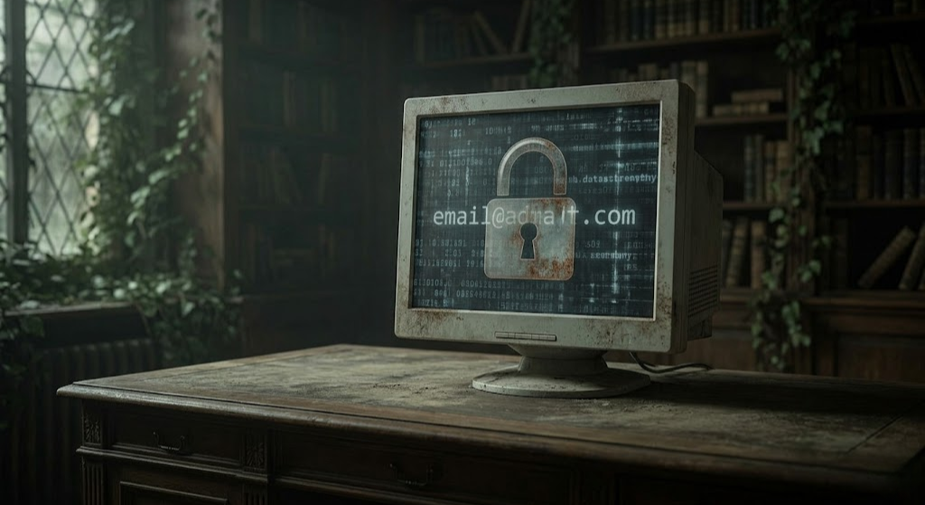 A conceptual landscape photograph set in a moody, overgrown ancient library, where a weathered computer monitor on a heavy wooden desk displays a corrupt digital data stream overlaid with a large, rusted closed padlock.