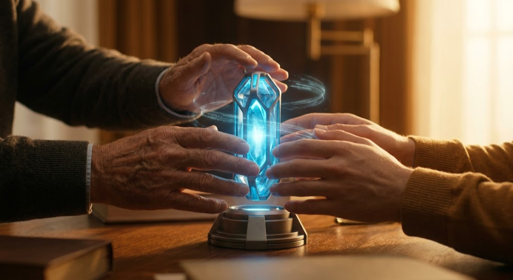 A cinematic close-up image set in a warm, inviting study, where two pairs of hands—one elder and one younger adult—jointly interact with a sophisticated, internally glowing blue crystalline capsule resting on a secure pedestal, emitting soft data trails.
