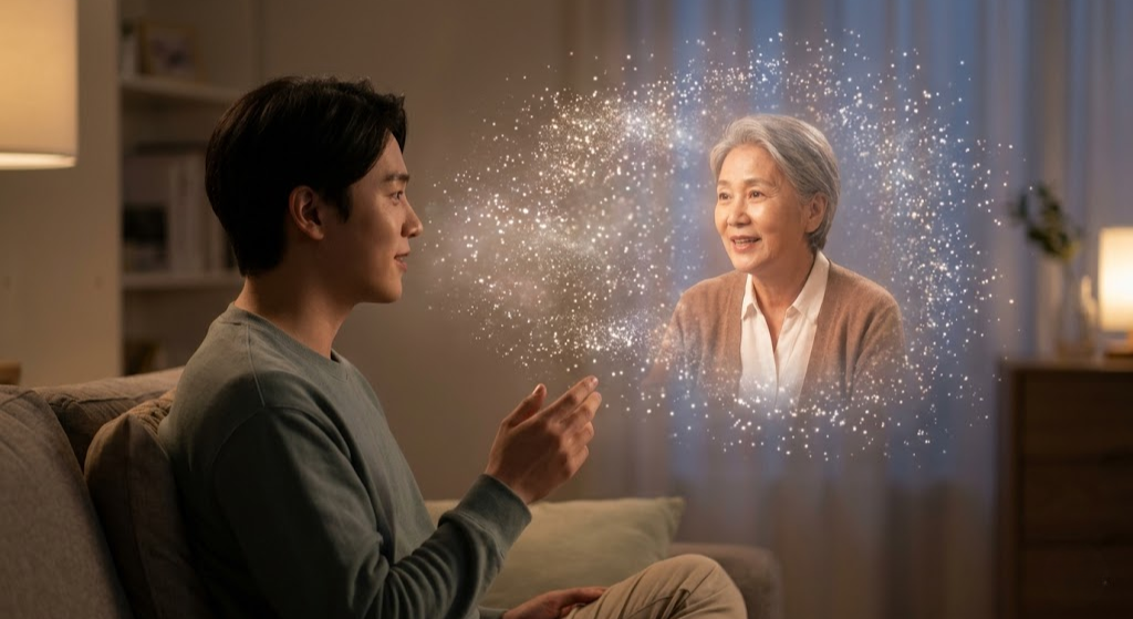 A surreal and heartwarming conceptual photograph set in a cozy living room at dusk, with a 20-something person interacting with a gentle, swirling, translucent cloud of light particles containing a realistic holographic projection of an older, smiling person—representing an AI Twin.
