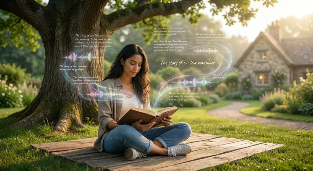 A woman sitting peacefully in a sunlit garden reading a book that radiates glowing, magical digital audio waves, symbolizing a digital legacy.