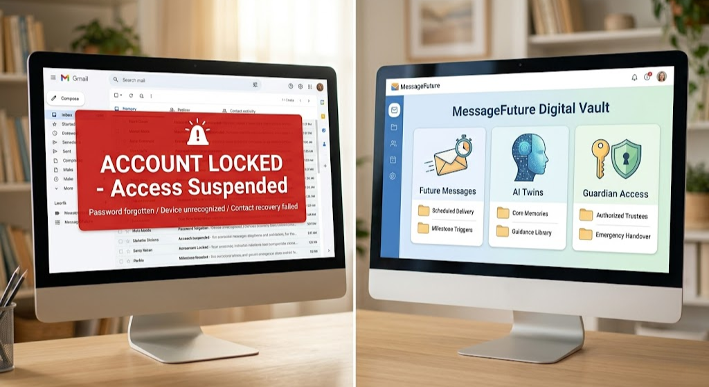 A side-by-side comparison of two computer monitors on a wooden desk. The left screen shows a Gmail inbox interface displaying a prominent, bold "ACCOUNT LOCKED - Access Suspended" red warning message across the screen, explaining that the account is inaccessible. The search bar at the top mentions "MessageFuture". The right screen shows an organized and secure dashboard for the "MessageFuture Digital Vault," with clean columns and icons for "Future Messages," "AI Twins," and "Guardian Access," each with specific folders like "Scheduled Delivery," "Milestone Triggers," and "Authorized Trustees."