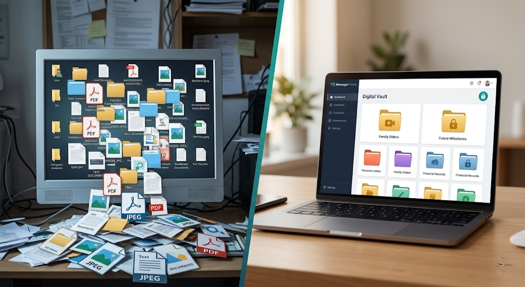 Comparison between a chaotic data dump and a clean, organized digital vault for future messages.
