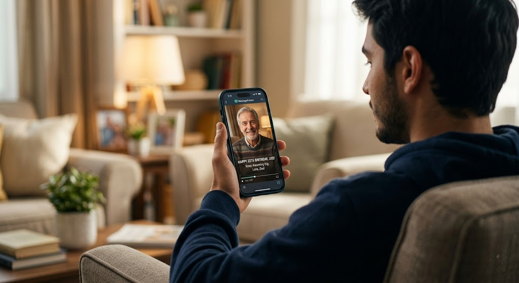 Young man receiving a scheduled future video message on his smartphone.