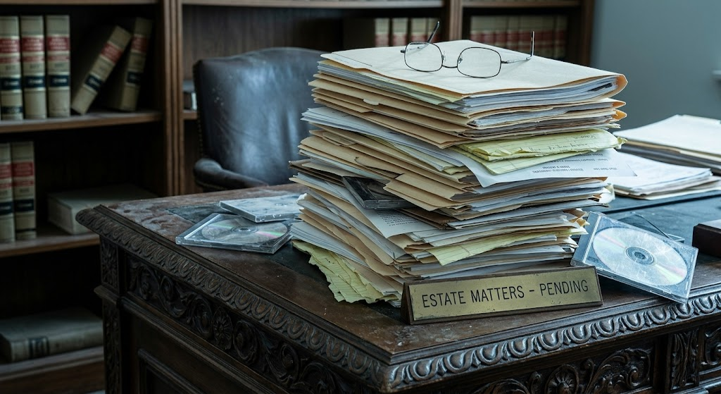 A messy stack of legal folders and scratched DVDs on a wooden desk.