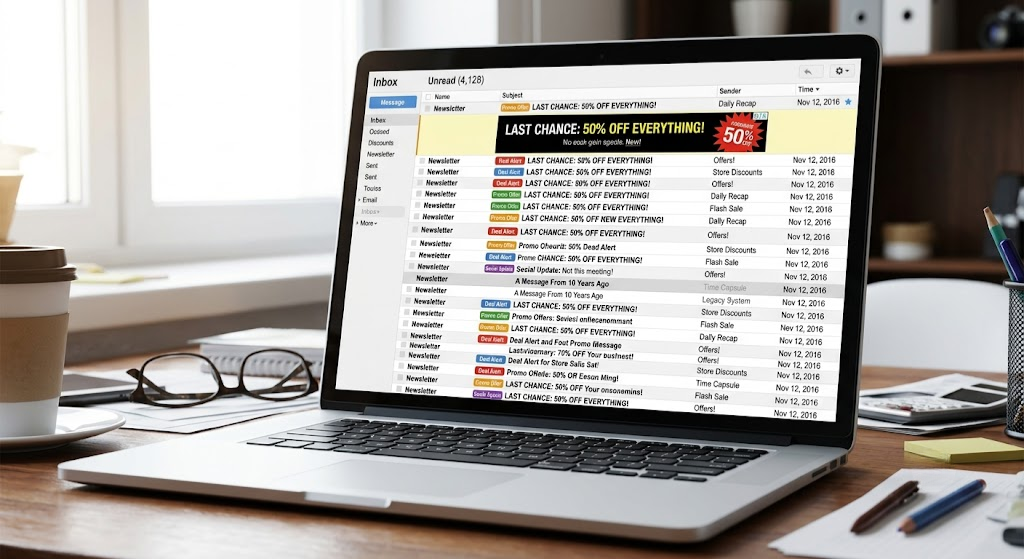 An overflowing, cluttered email inbox where an important legacy message is completely lost in spam.