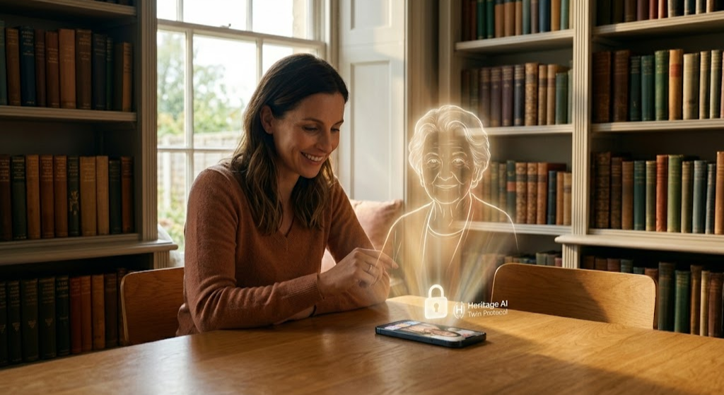 A young woman experiencing profound comfort and connection while interacting with a soft, authorized projection of an elderly grandmother's wisdom, visualized as a private AI Twin derived from standard digital vaults and separate from public entertainment chatbots.