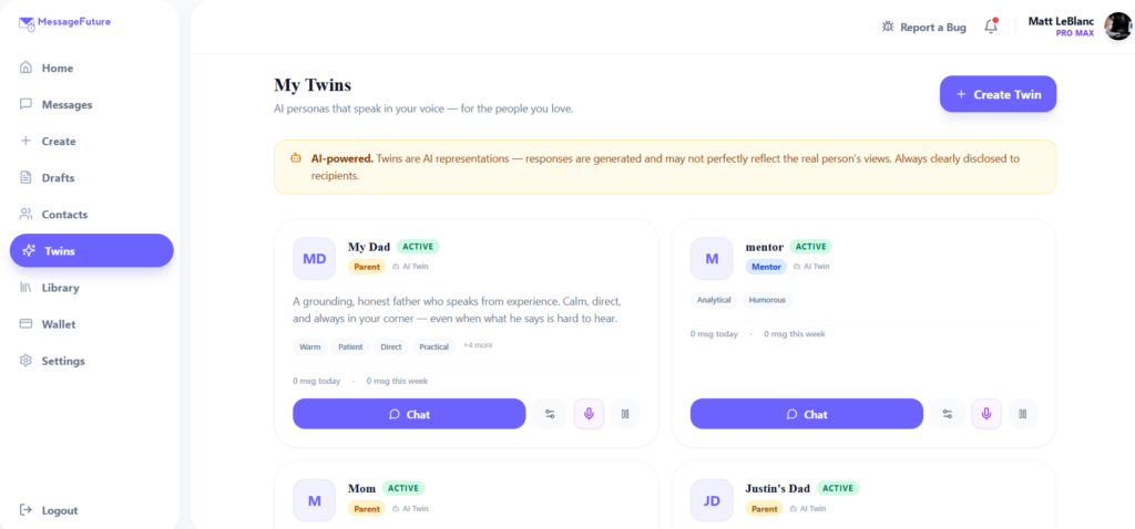 The AI Twin section inside the MessageFuture app