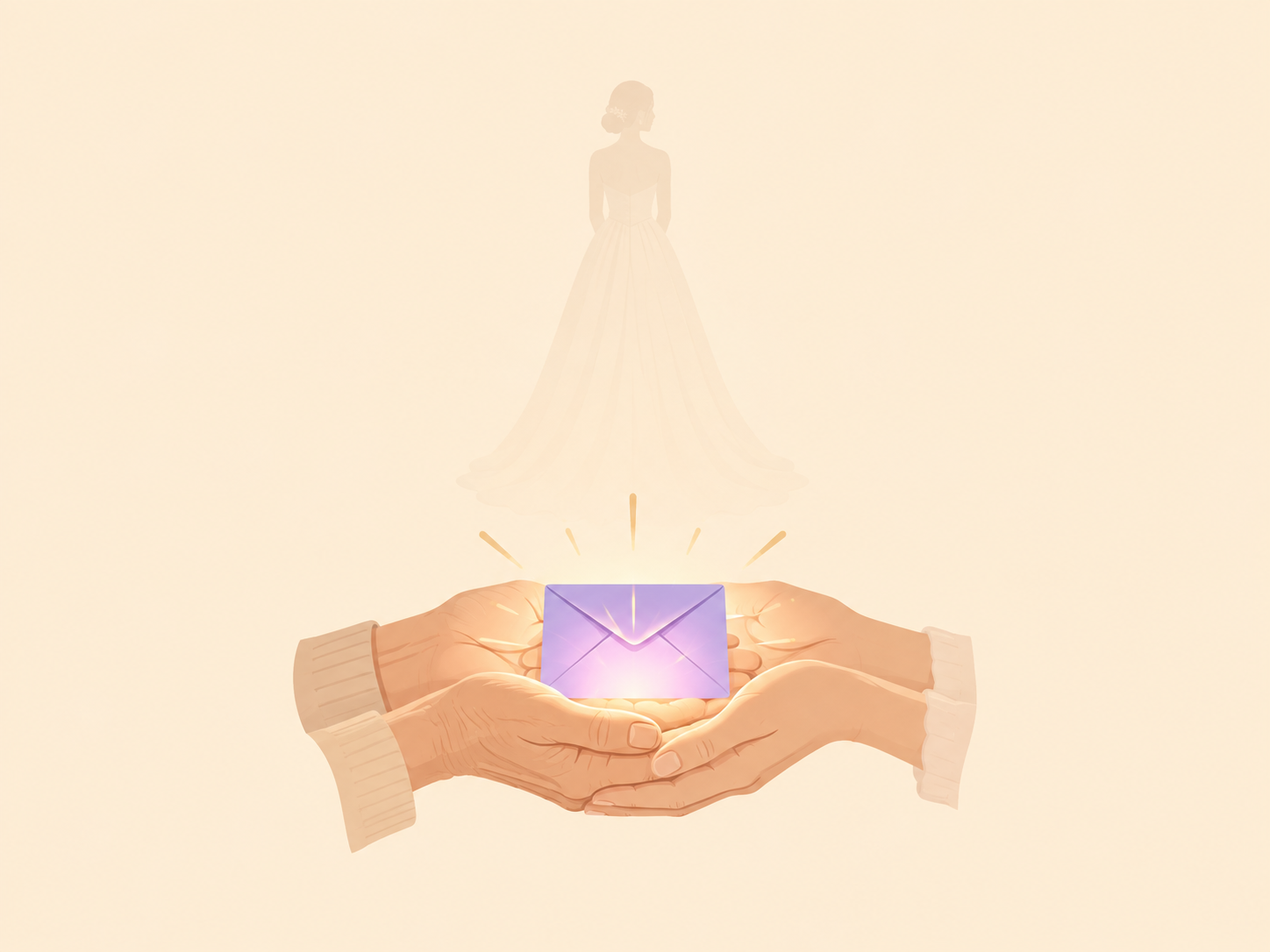 A message passed quietly between two hands, a glowing envelope and a bride silhouette in the background