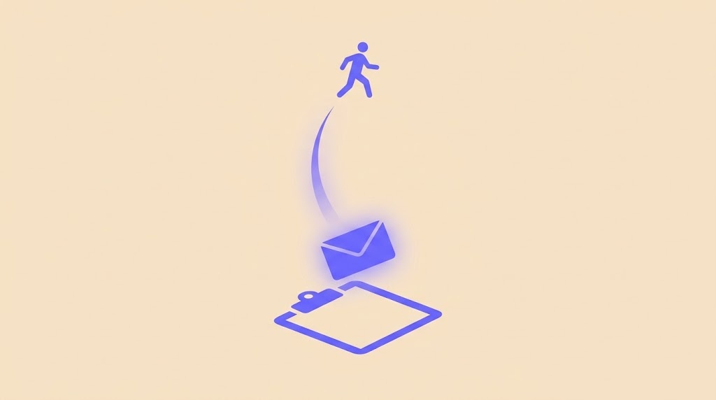 Flat vector illustration of a small running figure leaping upward from a glowing envelope resting on a clipboard representing the athlete carrying a coach's message forward