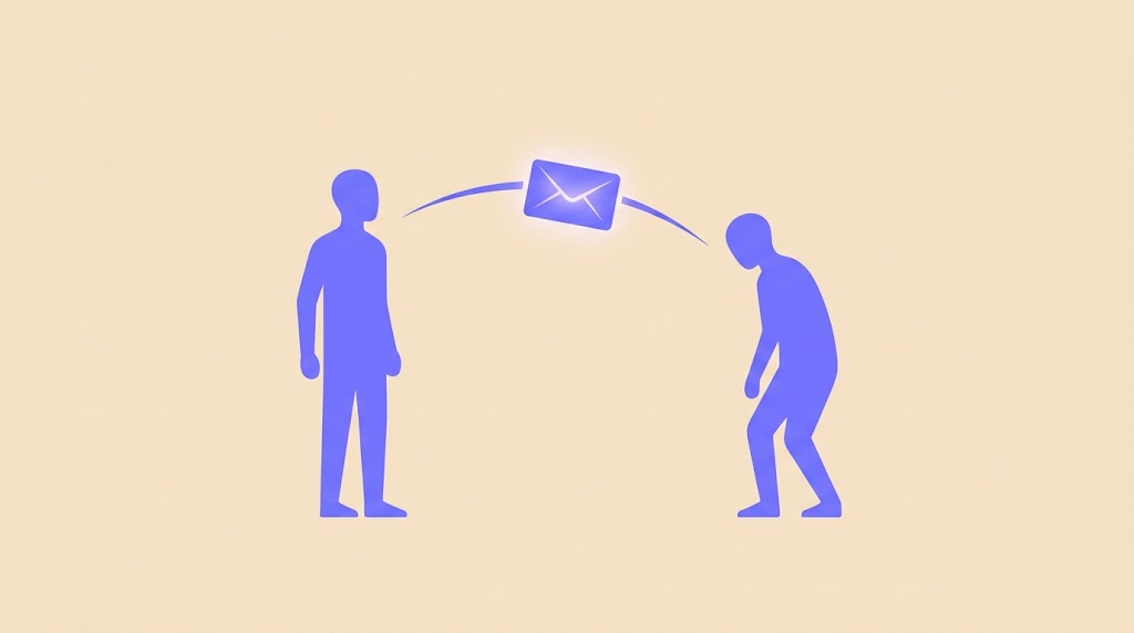 Flat vector illustration of a strong silhouette sending a glowing envelope to a struggling silhouette representing your strongest self reaching your hardest day