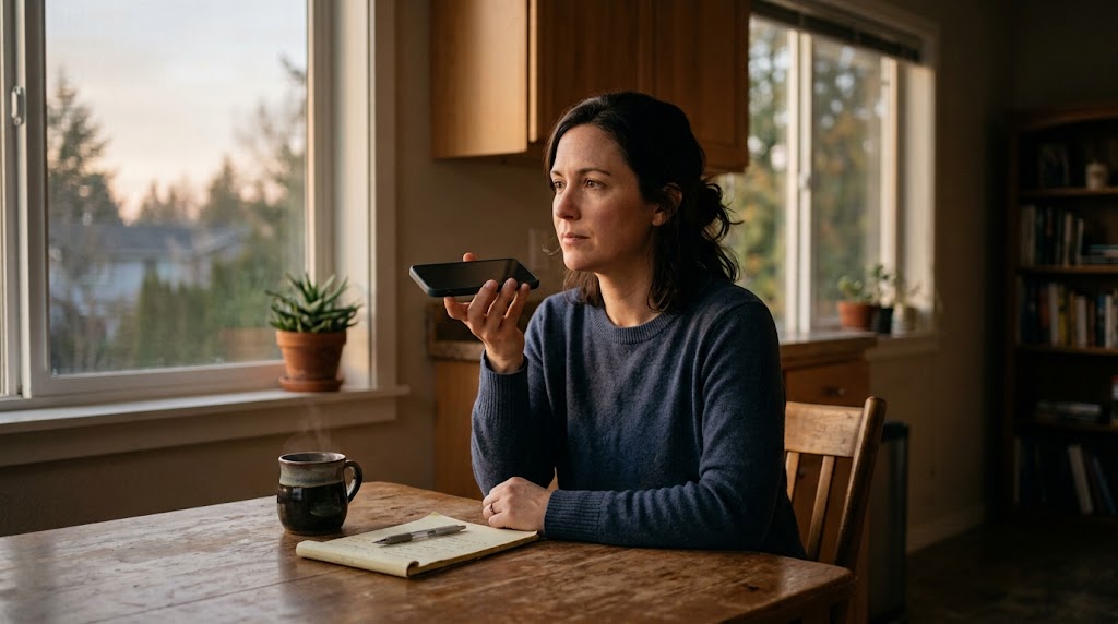 A person in a clear resolved moment recording a voice message on their phone at their kitchen table in early morning light