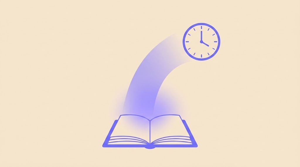 Flat vector illustration of an open book with a glowing arc rising from its pages to a clock floating above representing a message from the past arriving at the right moment