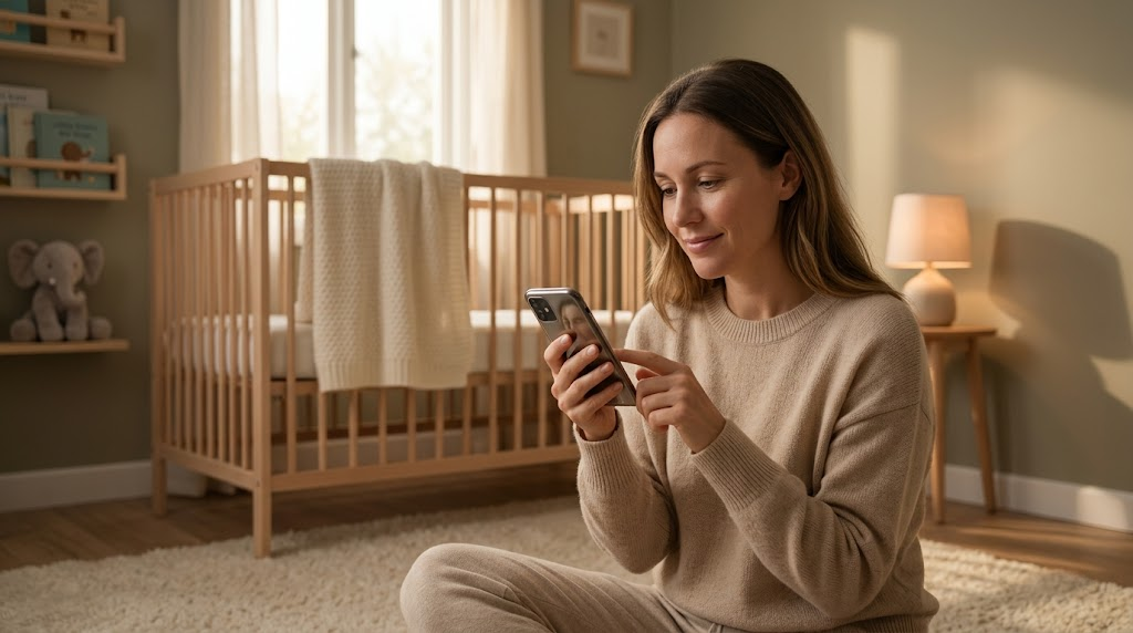 A parent sitting quietly in a nursery, in a moment of anticipation and quiet love before a child arrives