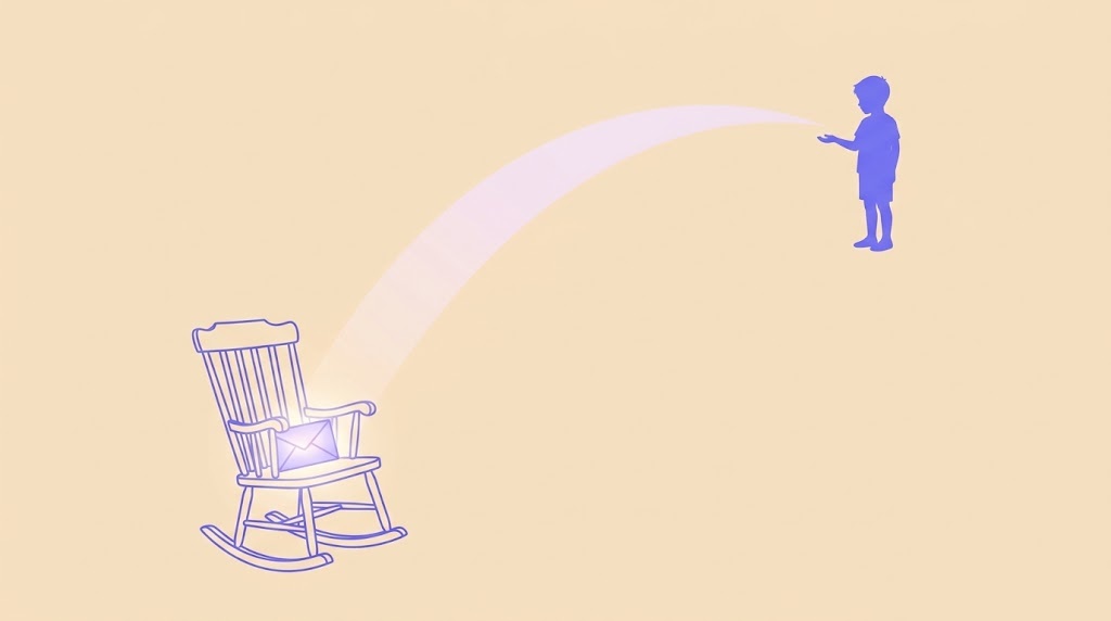 Flat vector illustration of a rocking chair with a glowing envelope sending a luminous arc to a small child silhouette representing grandparent wisdom reaching a grandchild across time