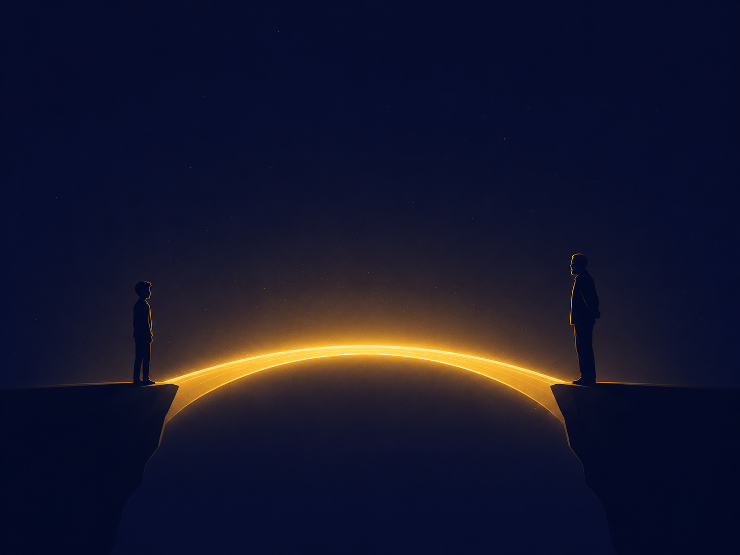 Two silhouettes standing at opposite ends of a bridge of gold light against a deep midnight blue background