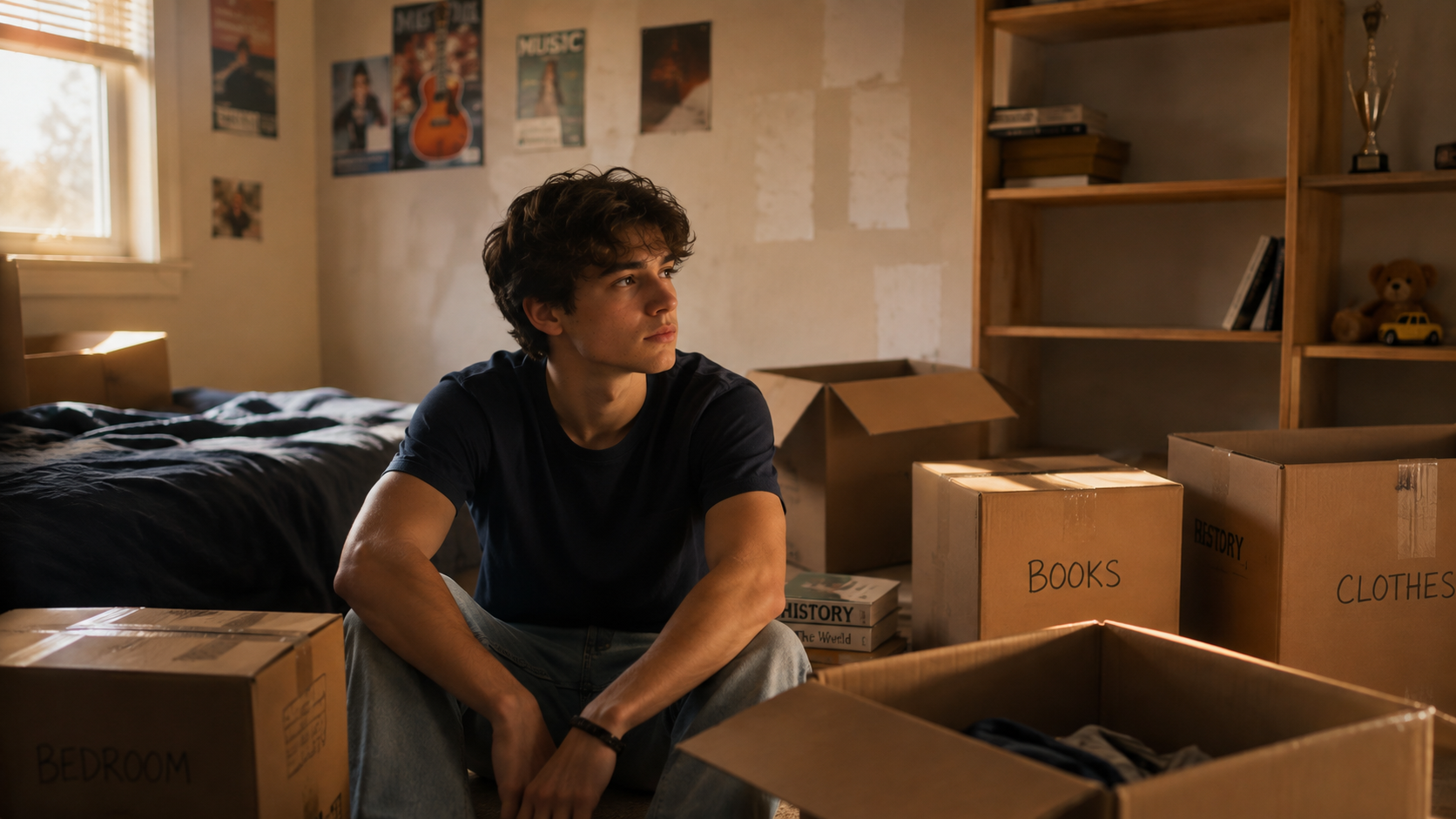 A student sitting among packed moving boxes in a bedroom being emptied, in the quiet of a life transition