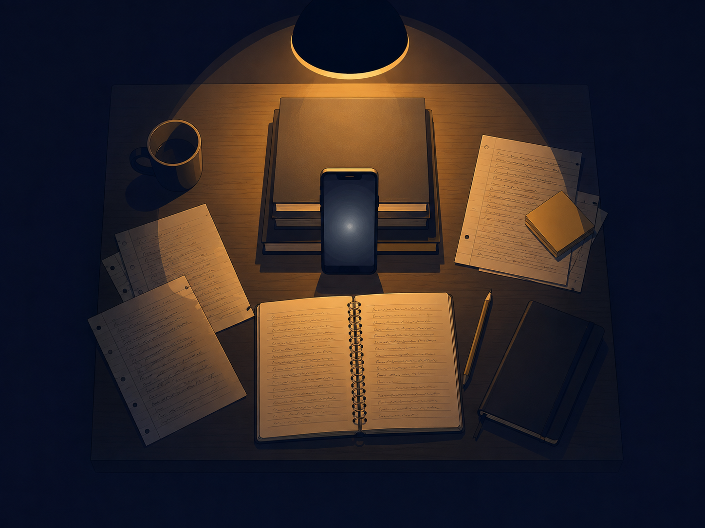 A top-down view of a desk at night, a phone recording, surrounded by notes in a pool of warm lamplight