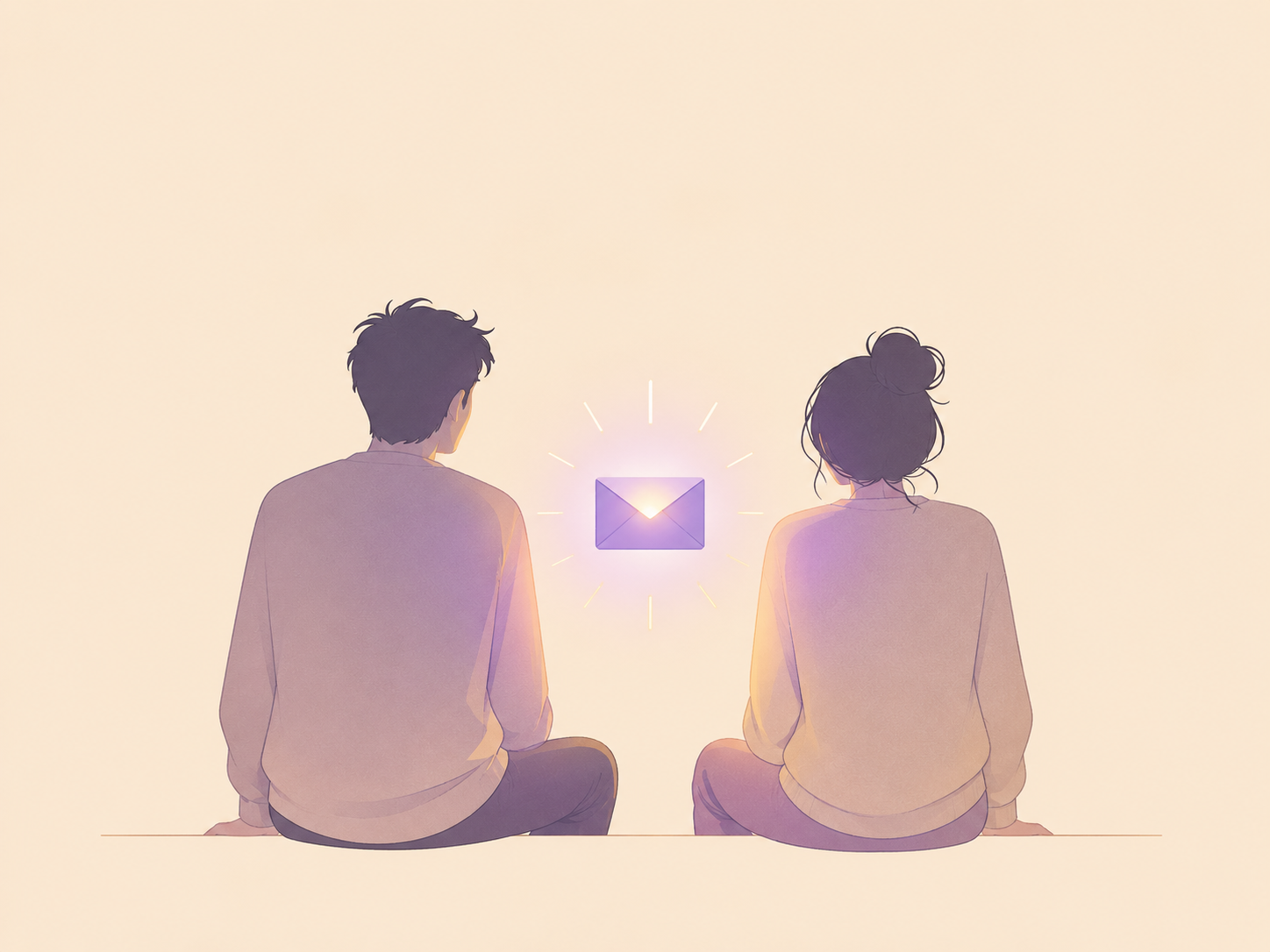 Two abstract figures seated side by side, a small glowing envelope floating gently between them
