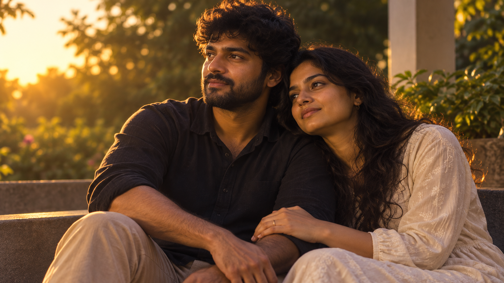 A couple sitting quietly together outdoors in warm golden-hour light, both facing forward in easy comfortable silence