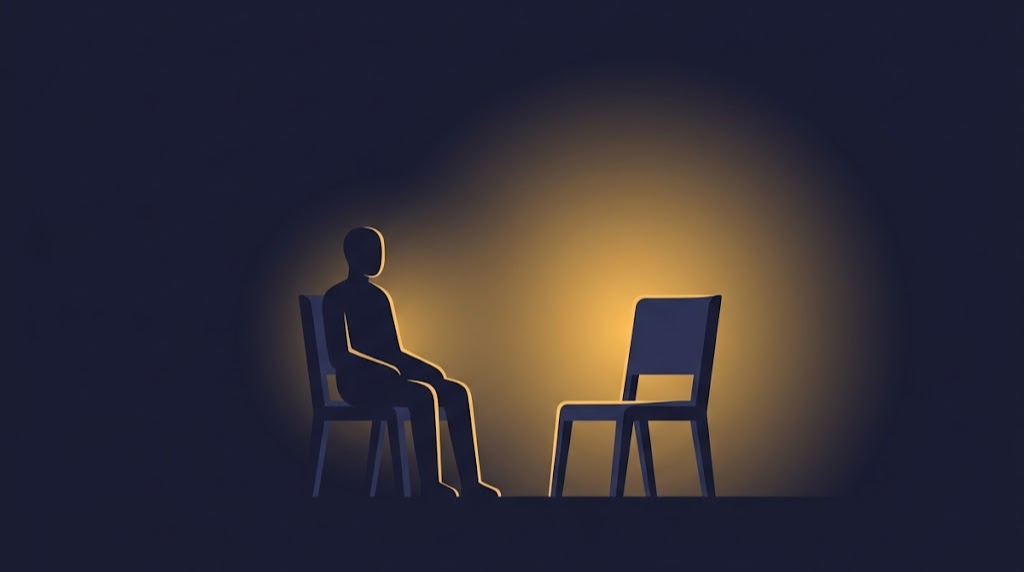 Two chairs facing each other, one occupied by a simple silhouette, the other empty but filled with a warm gold glow
