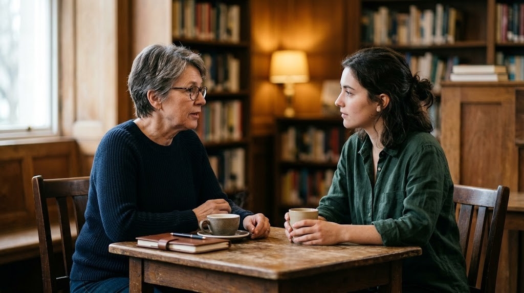 Two people in a thoughtful conversation across a small table, one mentoring the other in the quiet mode of real exchange