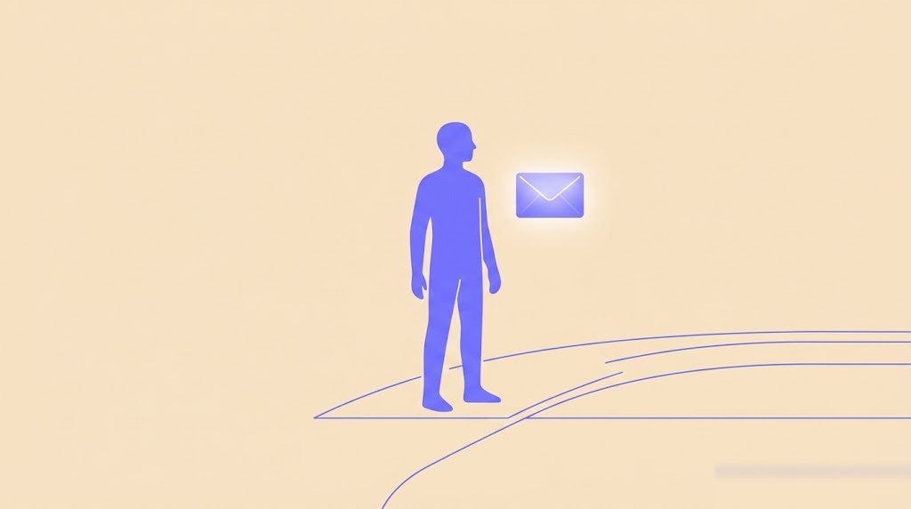 Flat vector illustration of a blue silhouette standing at a crossroads with a glowing envelope floating beside them representing a coach's message reaching an athlete at a defining moment