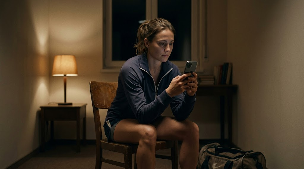 An athlete in a quiet, focused moment alone, preparing mentally for a competition