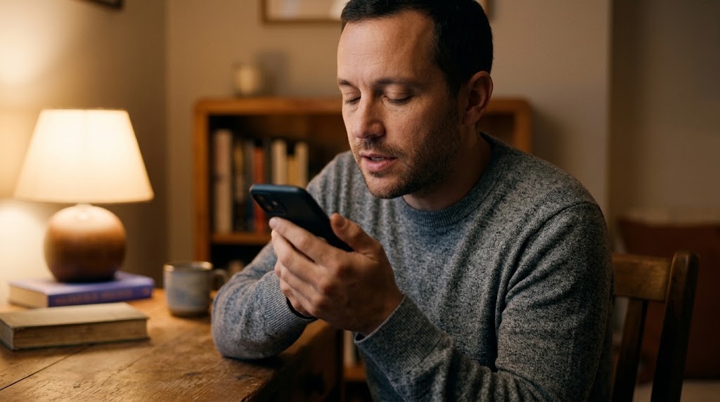 A person recording their voice into a phone in a quiet, warmly lit room