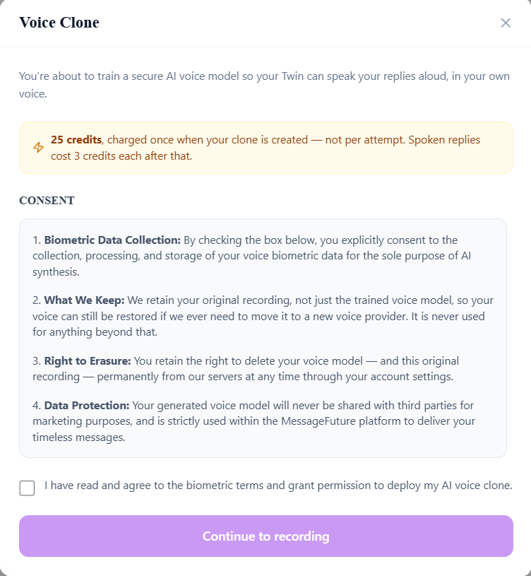 The voice recording setup screen inside the MessageFuture app
