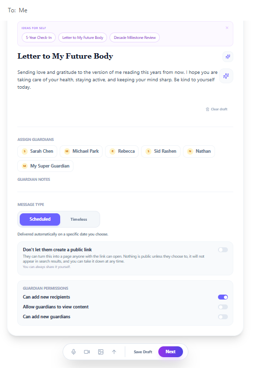 Composing a FutureMe message inside the MessageFuture app