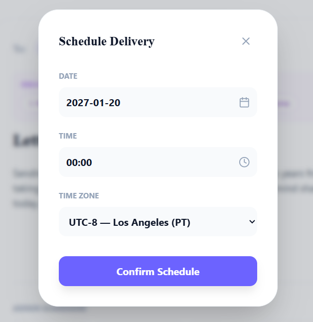 Setting the delivery date and time for a FutureMe message