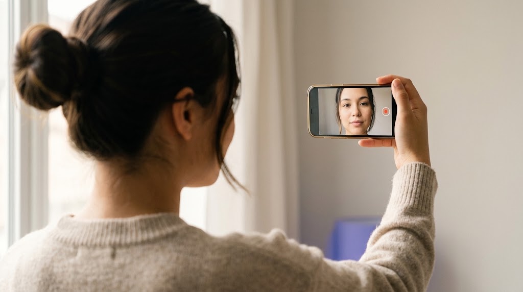 A person recording a FutureMe message to themselves, seen from behind, their face visible on the phone screen
