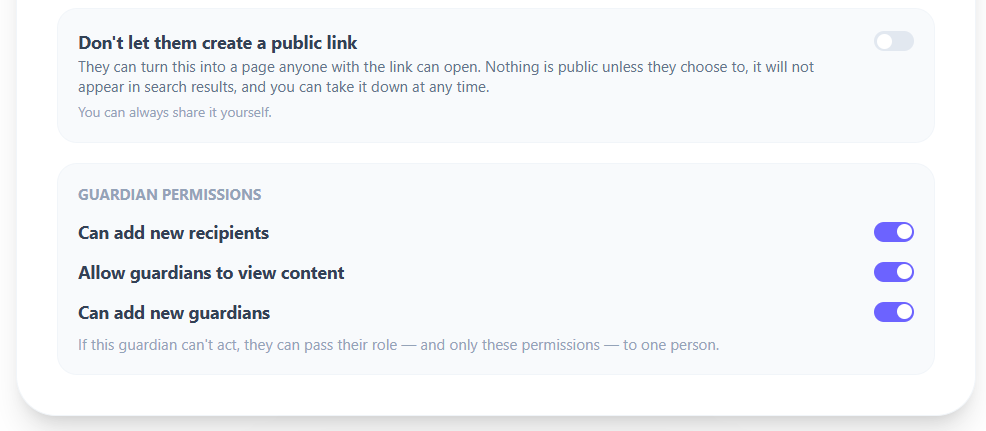 The Guardian Permissions panel inside the MessageFuture app