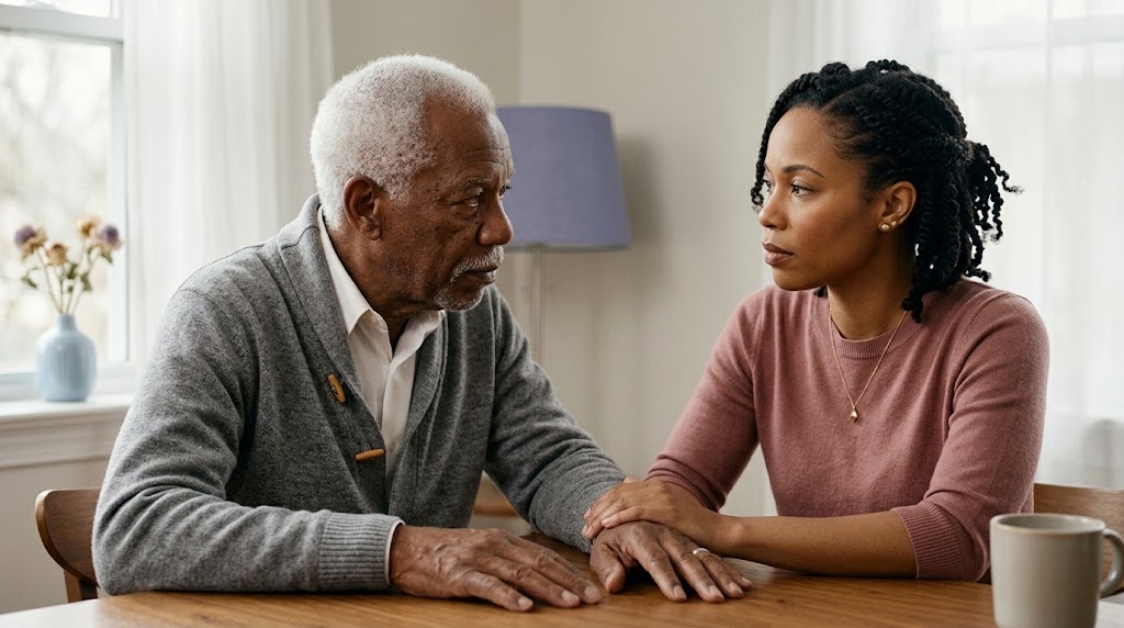 An older man and his adult daughter sitting together, her hand resting on his, representing the trust behind assigning a Guardian