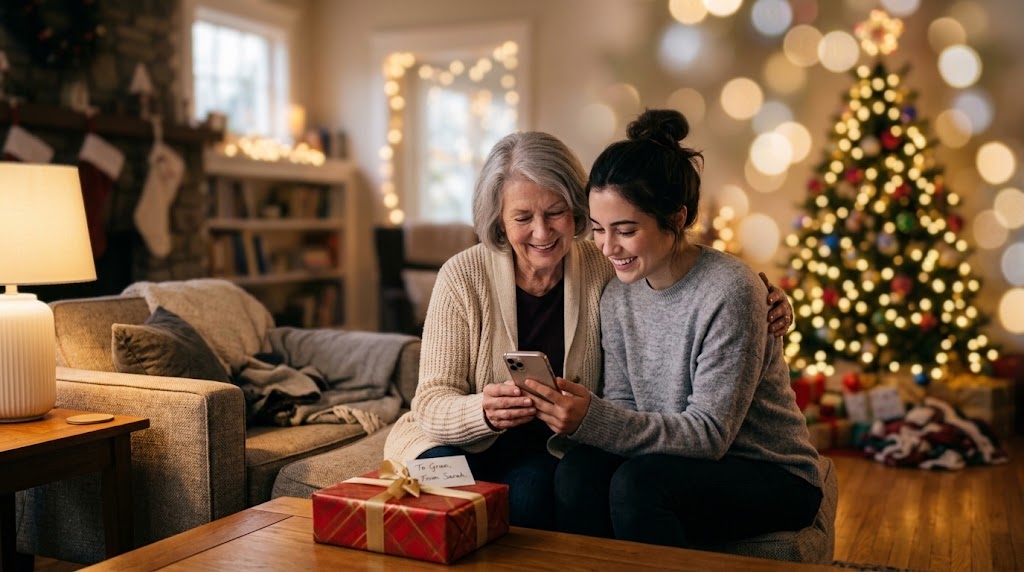 A grandmother and grandchild looking at a phone together on Christmas morning